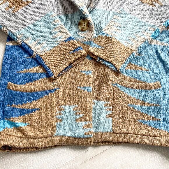 BNWT J.Jill Women Sz Medium Petite Aztec Boho Shawl Cardigan Sweater Blue Brown - Picture 5 of 8